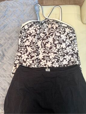 Lands' End Black and White Floral Tankini with Black Skirted Bottom